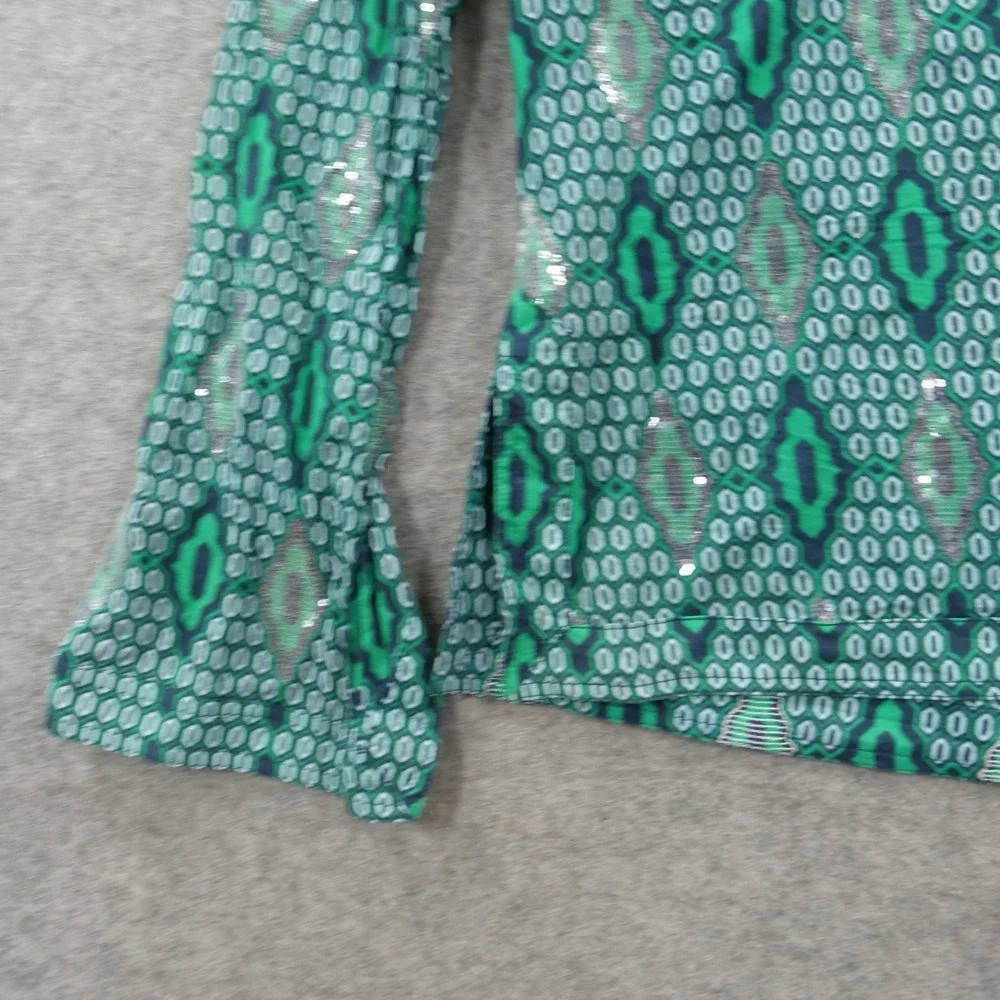 Tory Burch Tunic Top Womens 4 Green Geometric Sequin Embellished Flute Sleeve